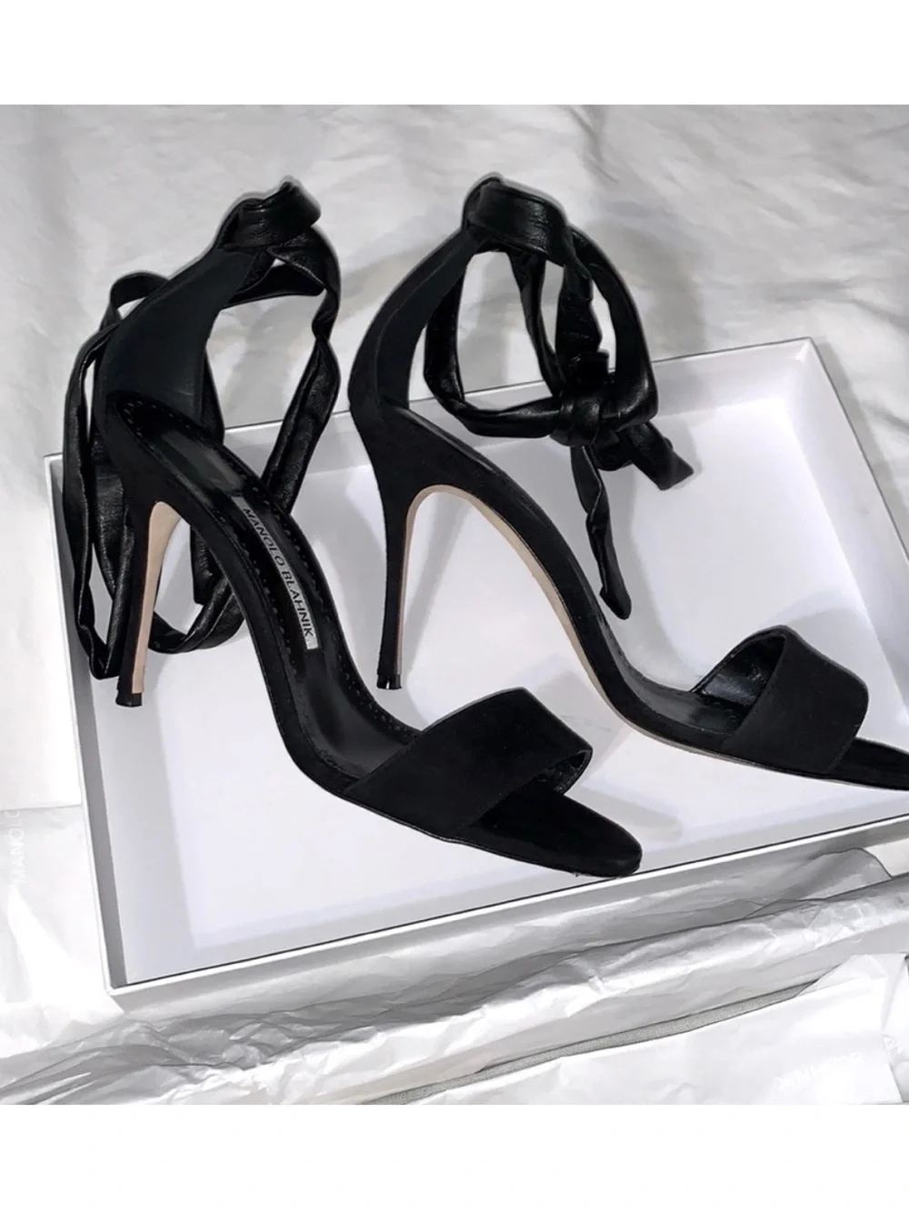 Manolo Blahnik Black Wrap-Ankle Stiletto Sandals